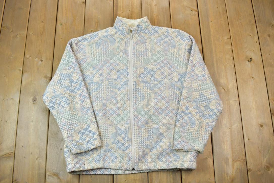 Vintage 1990s Maxon Tapestri Full Zip All Over Print Knit Heart Crewneck Sweatshirt