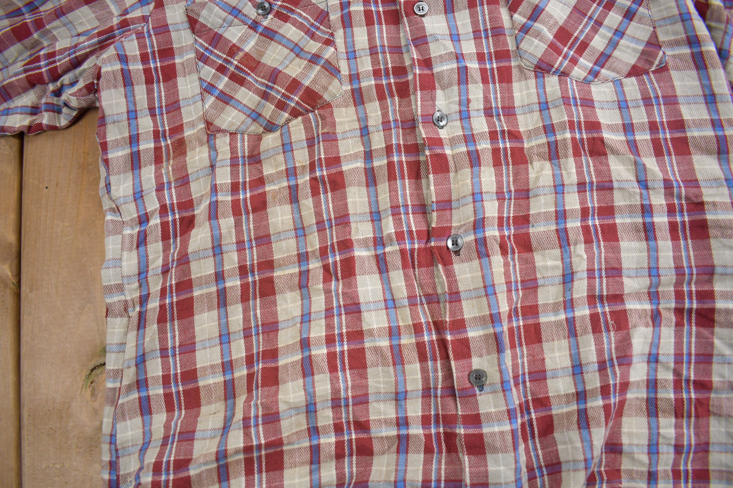 Vintage 1970s Buckeye Plaid Flannel Button Up Shirt / 1970s Button Up / True Vintage / Distressed