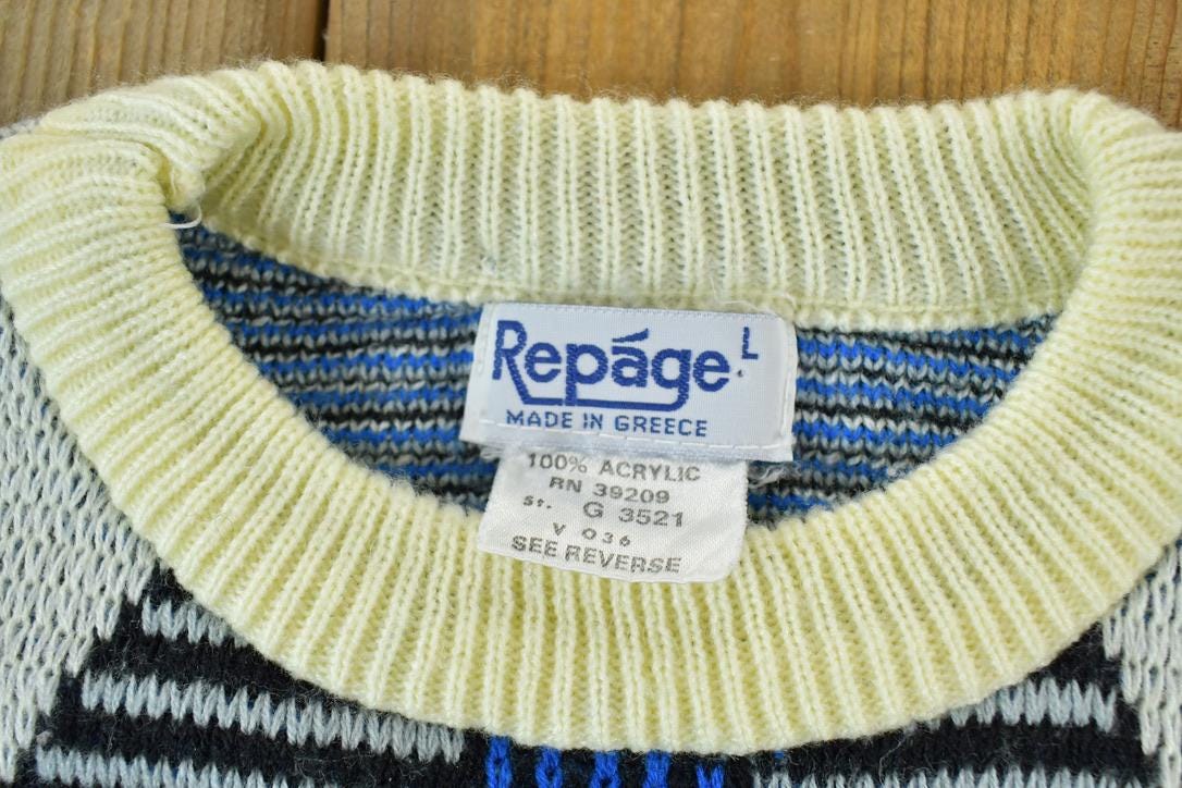 Vintage 1980s Repage Knit Abstract Pattern Crewneck Sweater / 90s Crewneck / Preppy Knits / Made In Greece