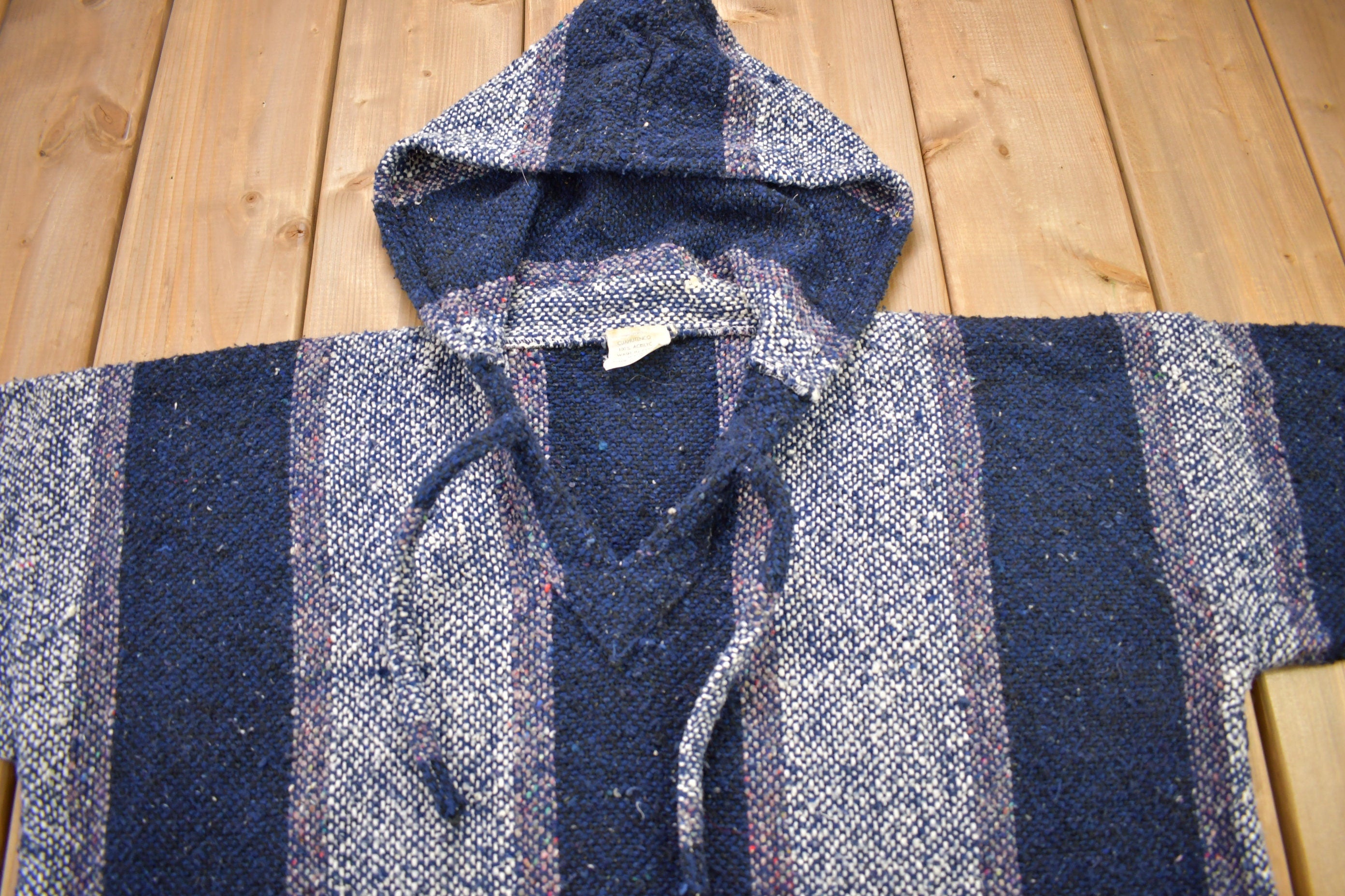 Vintage 1990s Baja Hooded Pullover Striped Knit Poncho Blanket Hoodie / 90s Hoodie / Vintage Sweater / Earth Rug / 90s Mexican Poncho