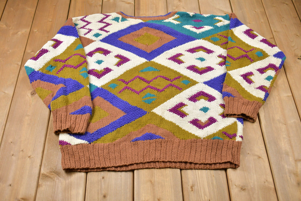 Vintage 1980s Alan Michaels Knitted Sweater Vintage 80s Crewneck Pattern Sweater