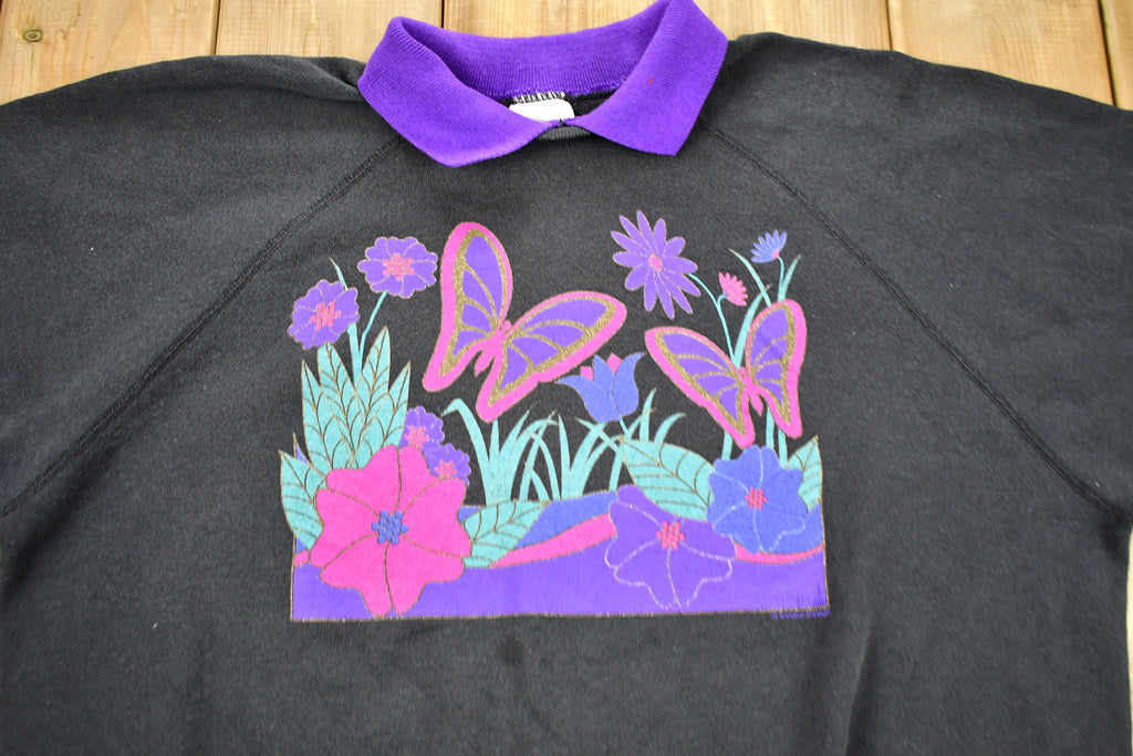 Vintage 1980s Butterfly Floral Graphic Cute Collared Raglan Cut Crewneck Sweater