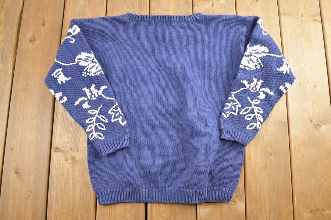 Vintage 1990s Eddie Bauer Floral Knit Crewneck Sweater  90s Crewneck  Preppy