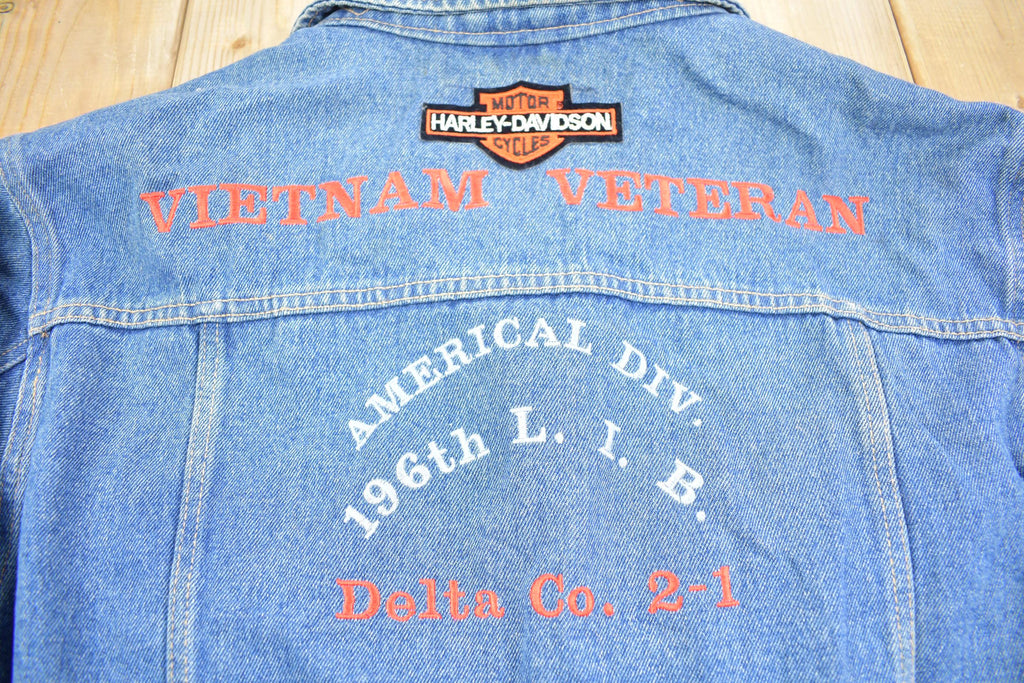 Vintage 1970s Wrangler Hero Vietnam Veteran Harley Davidson Embroidered Jean Jacket Made In USA