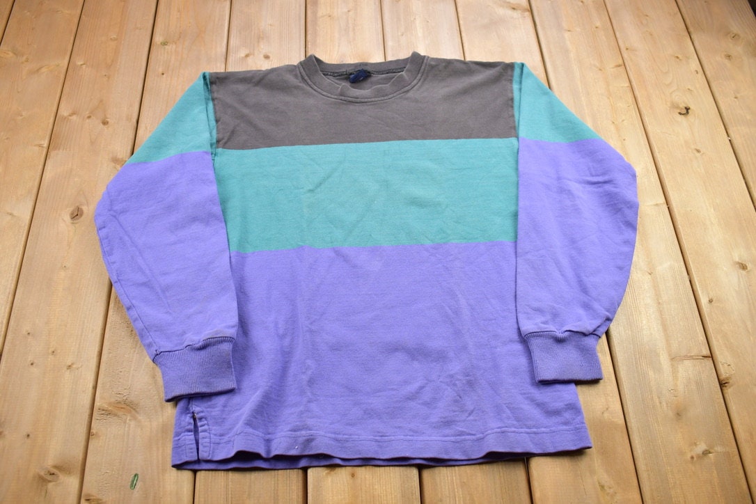 Vintage 1990s Lands' End Color Block Striped Crewneck Sweatshirt