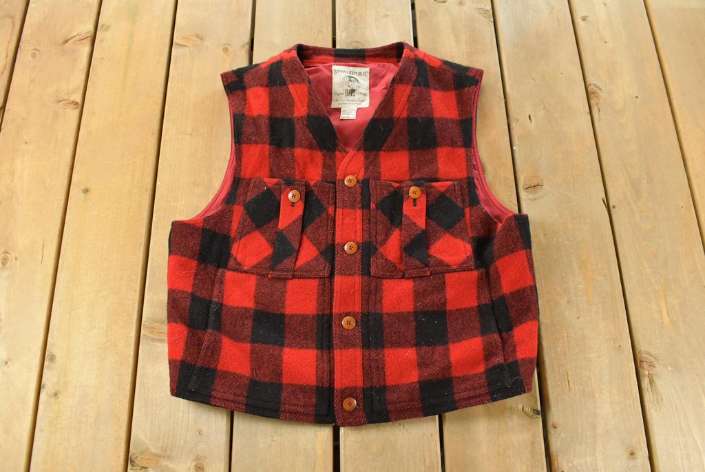 Vintage 1990s Banana Republic Wool Buffalo Plaid Snap On Vest Jacket Men's Medium