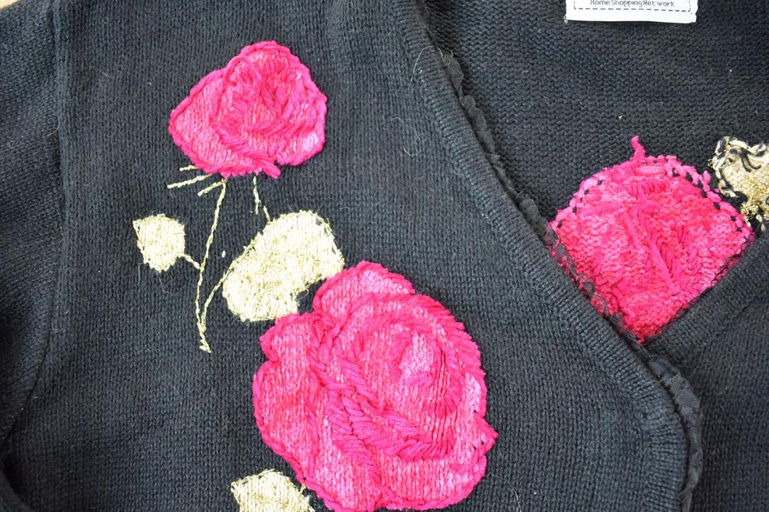 Vintage 1990s Storybook Knits Floral Embroidered Knit Perfect Mild Distress Cardigan Sweater Made In USA