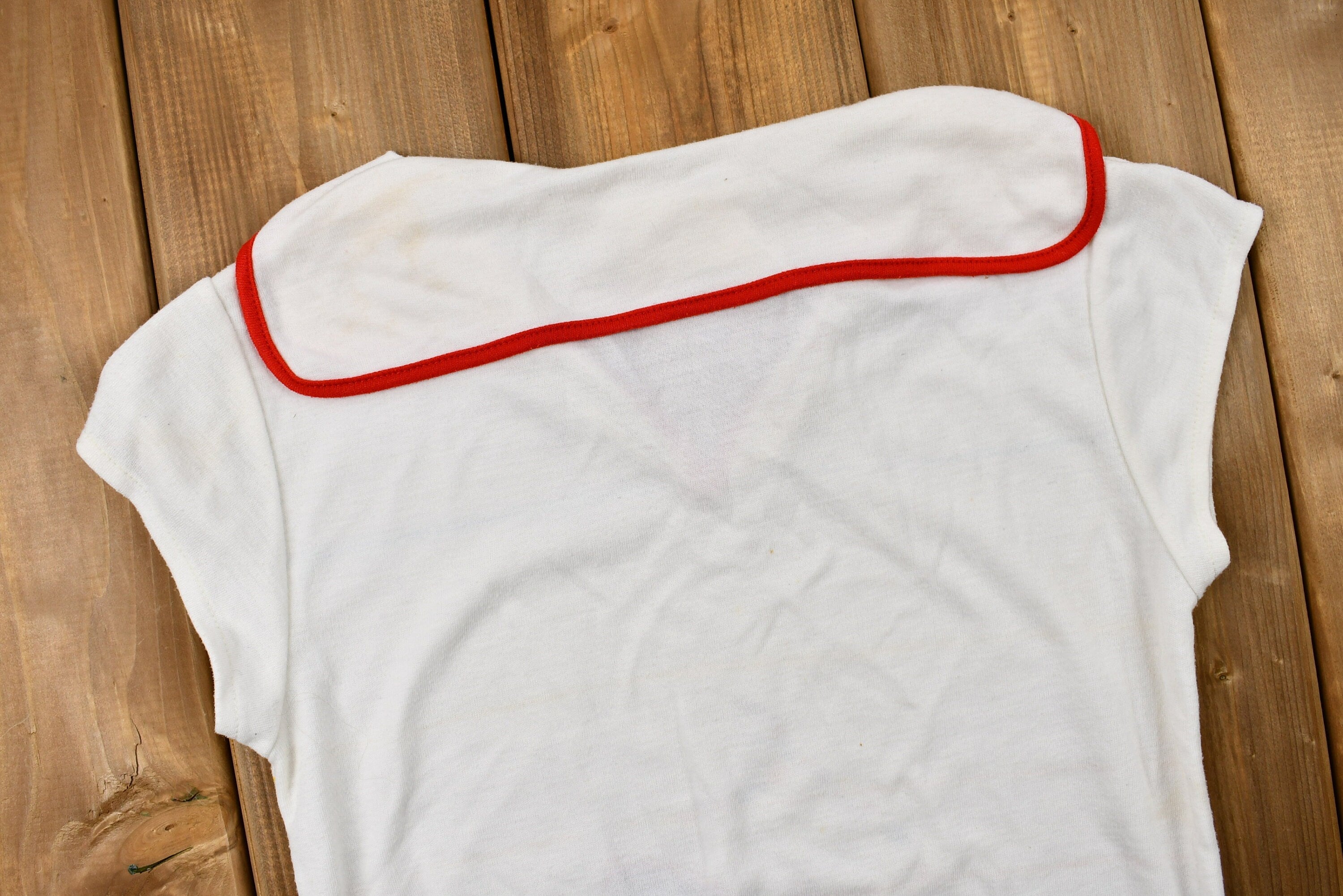 Vintage 1970s Sailor Collar Sunset Yacht Graphic Jersey-Knit T-Shirt