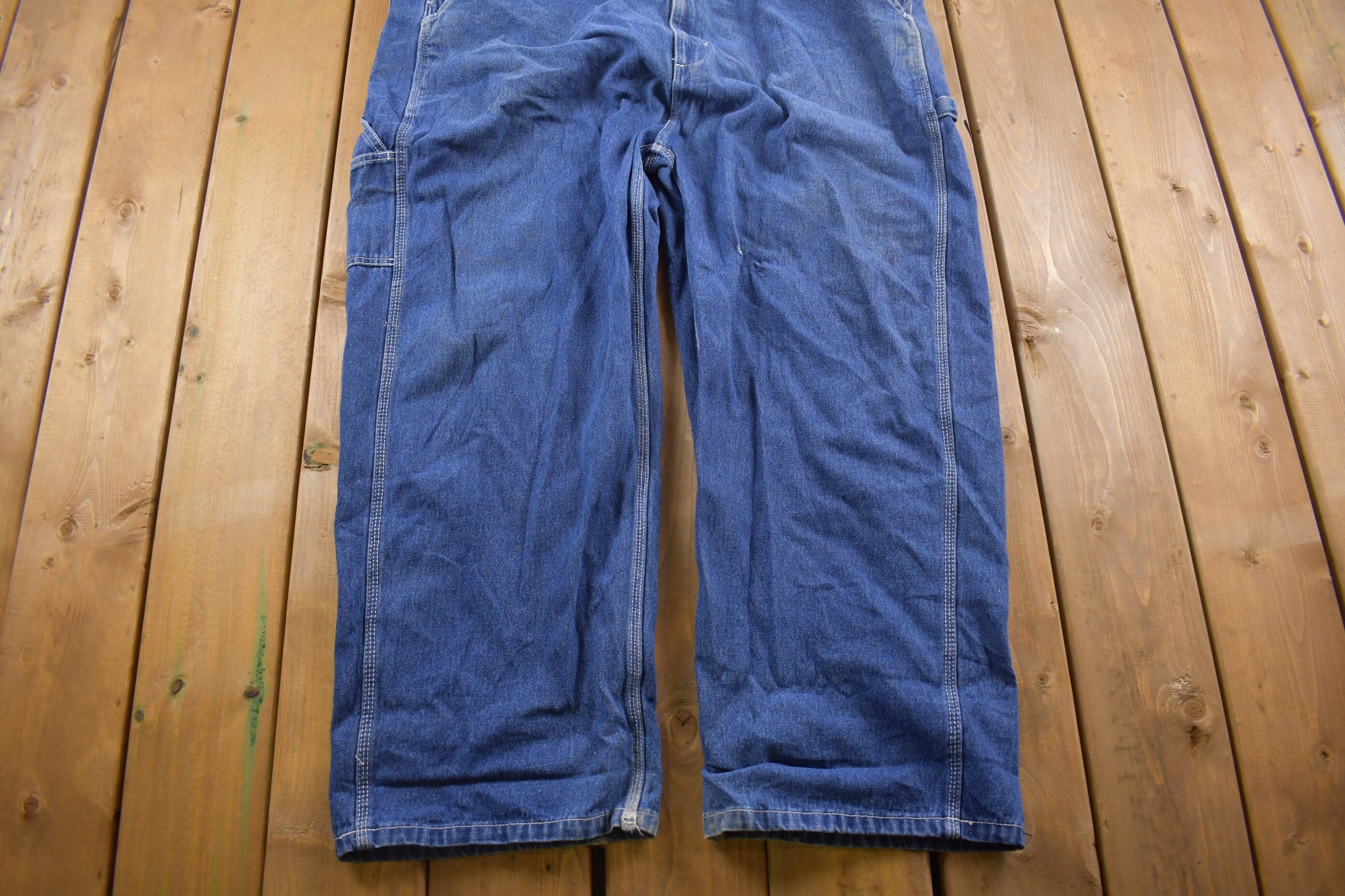 Vintage 1990s Real Work Wear Blue Denim Jean Overalls Size 46 Waist 27 Inch Inseam