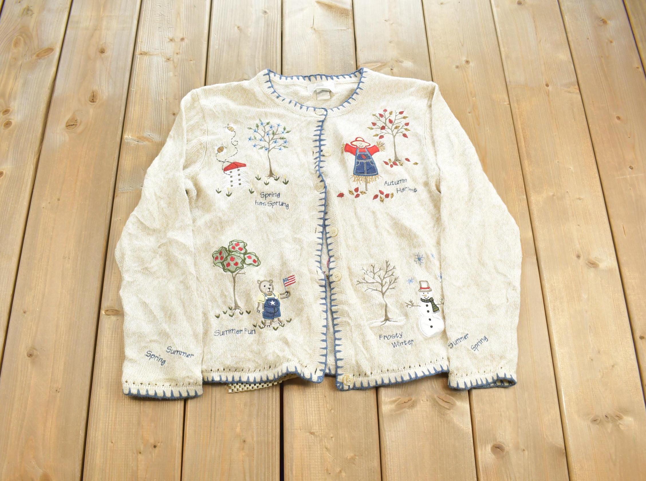 Vintage 1990s Summer Fun Spring Winter Fall Hand Embroidered Knit Cardigan Sweater Made In USA