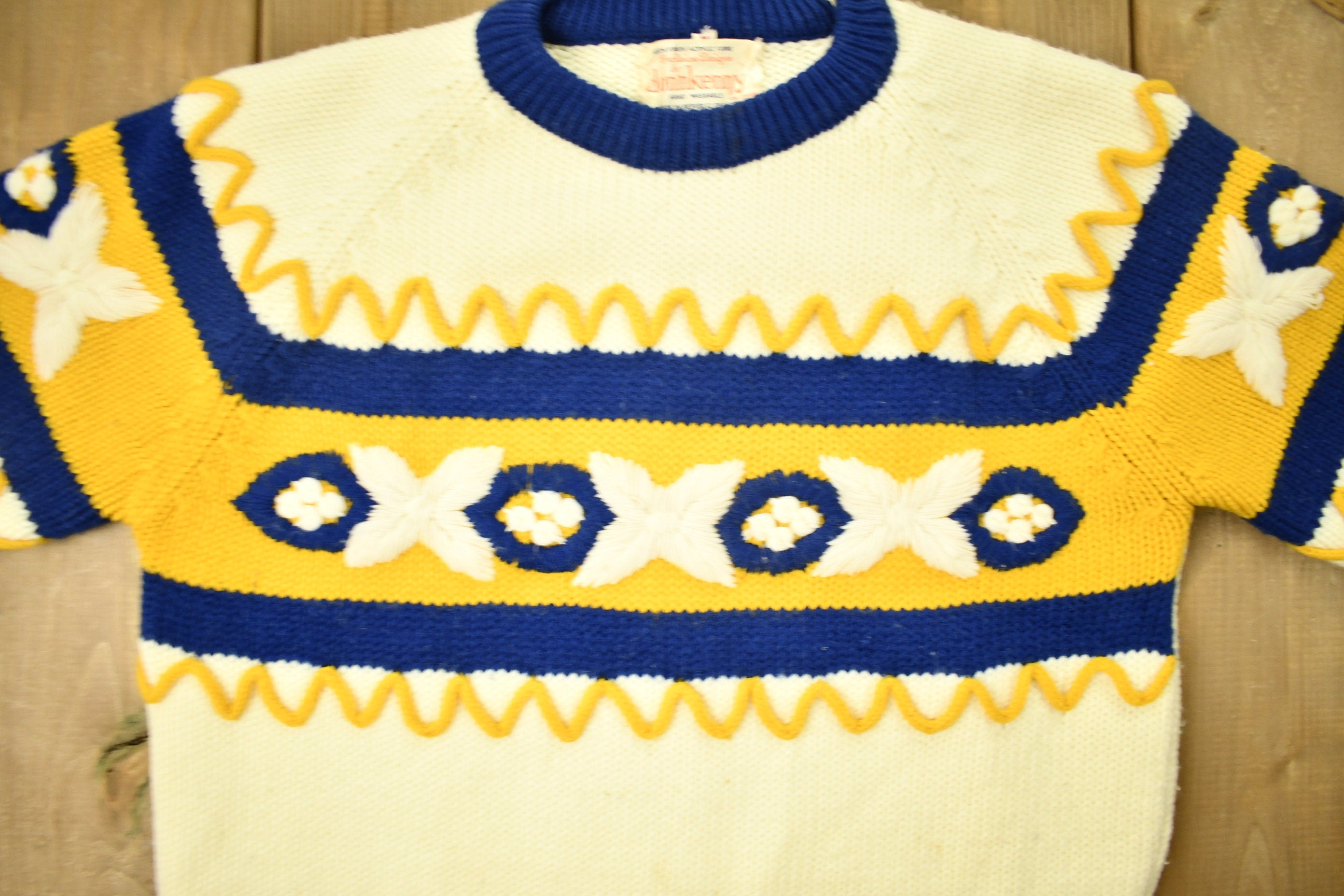 Vintage 1970s Don Kenny Acrylic Knitted Raglan Crewneck Sweater  True Vintage  All Over Pattern  Colorful Sweatshirt  Abstract