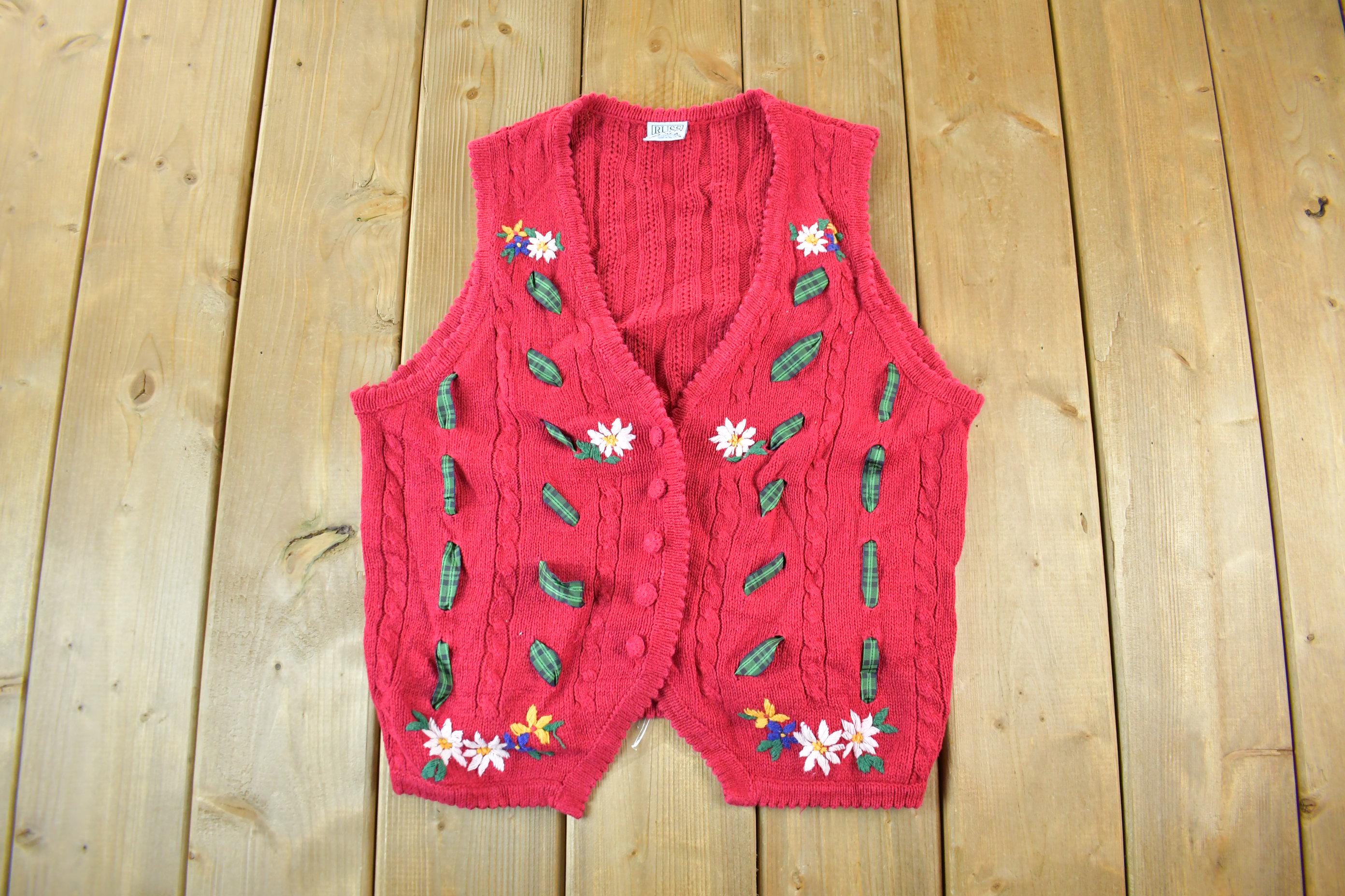 Vintage 1990s Floral Knit Cardigan Sweater Vest Women's Small