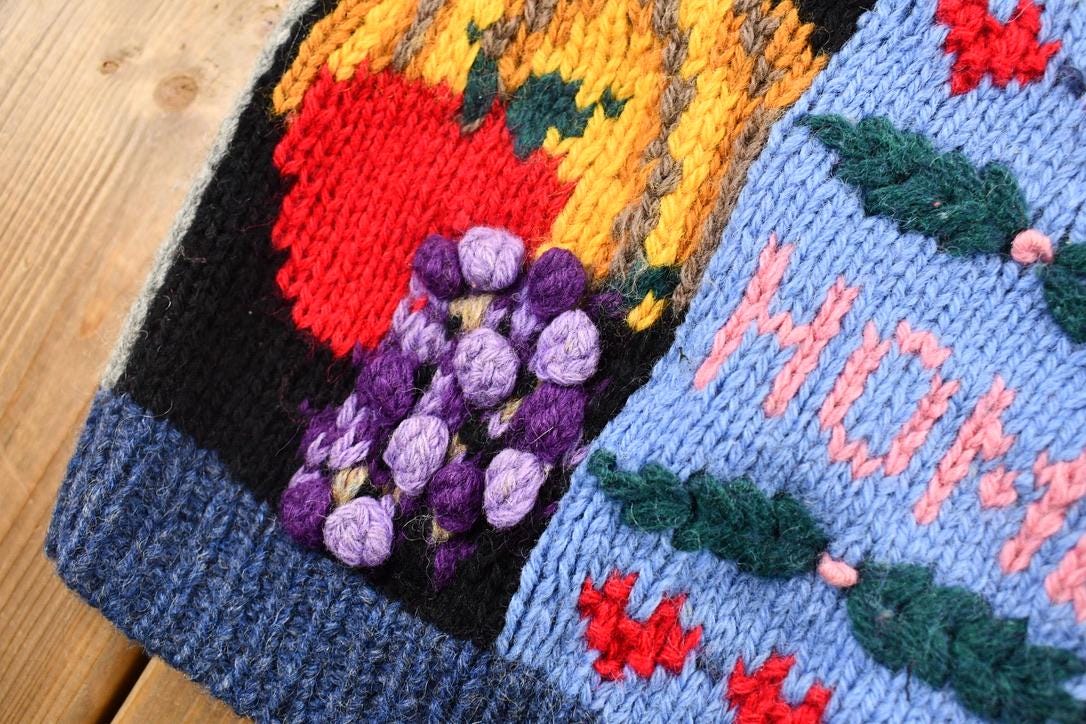 Vintage 1989 Eagles Eye 100% Wool Unique Textured American Flag and Granny Square Patchwork Knit Cardigan Sweater