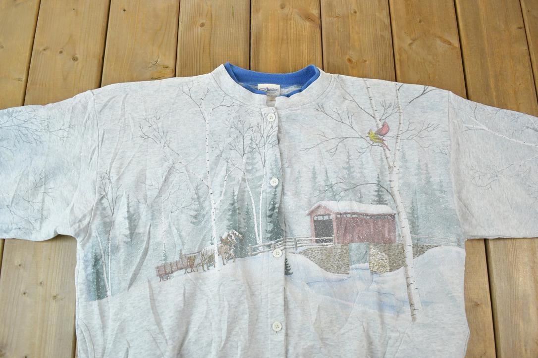 Vintage 1990s Artisans AOP Winter Theme Button Up Double Collar Souvenir Crewneck Sweatshirt