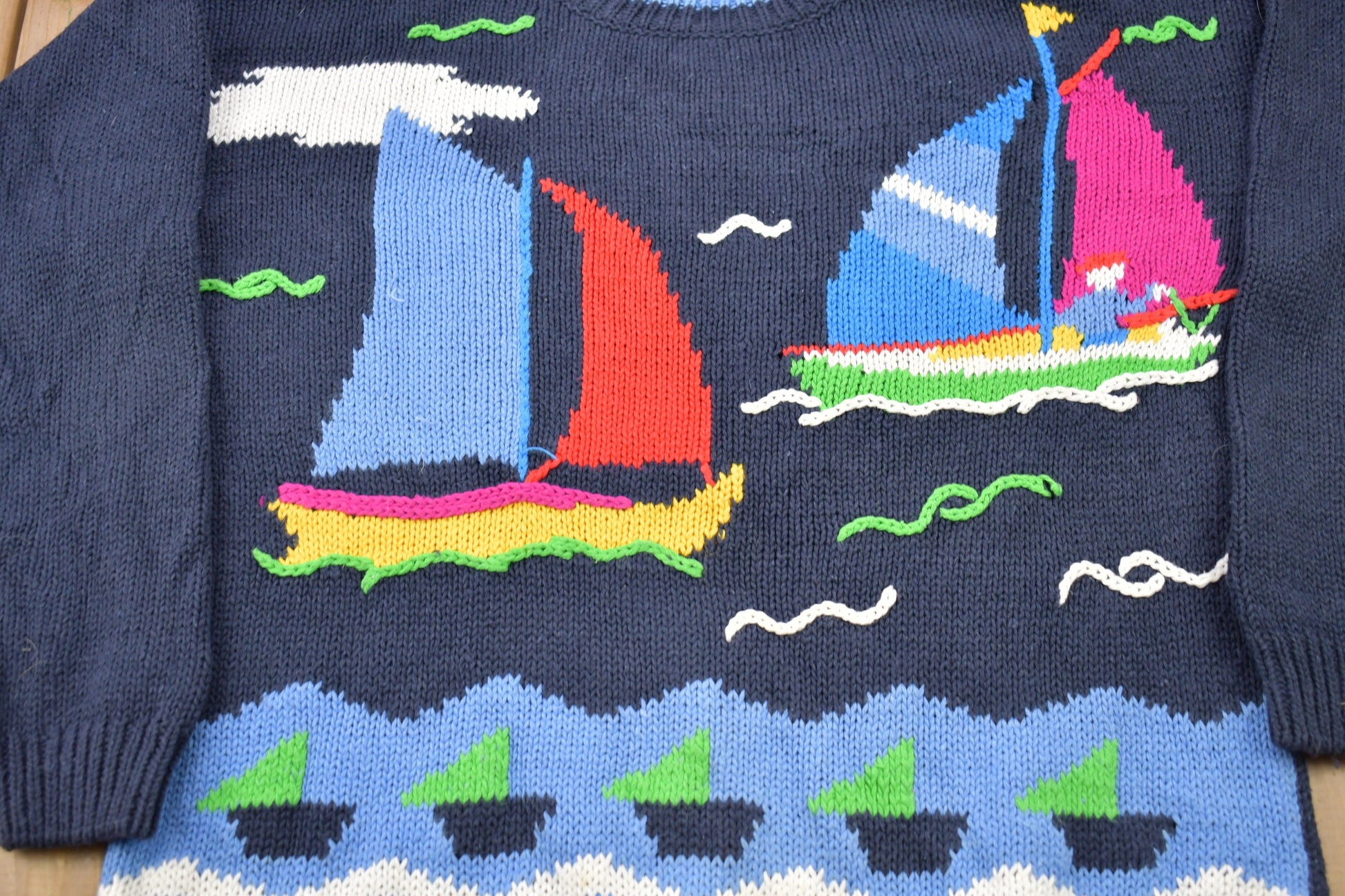 Vintage 1980s Sailing Theme Knit Crewneck Sweater / Vintage 80s Crewneck / All Over Pattern / Colorful / Sweatshirt / Abstract Pattern