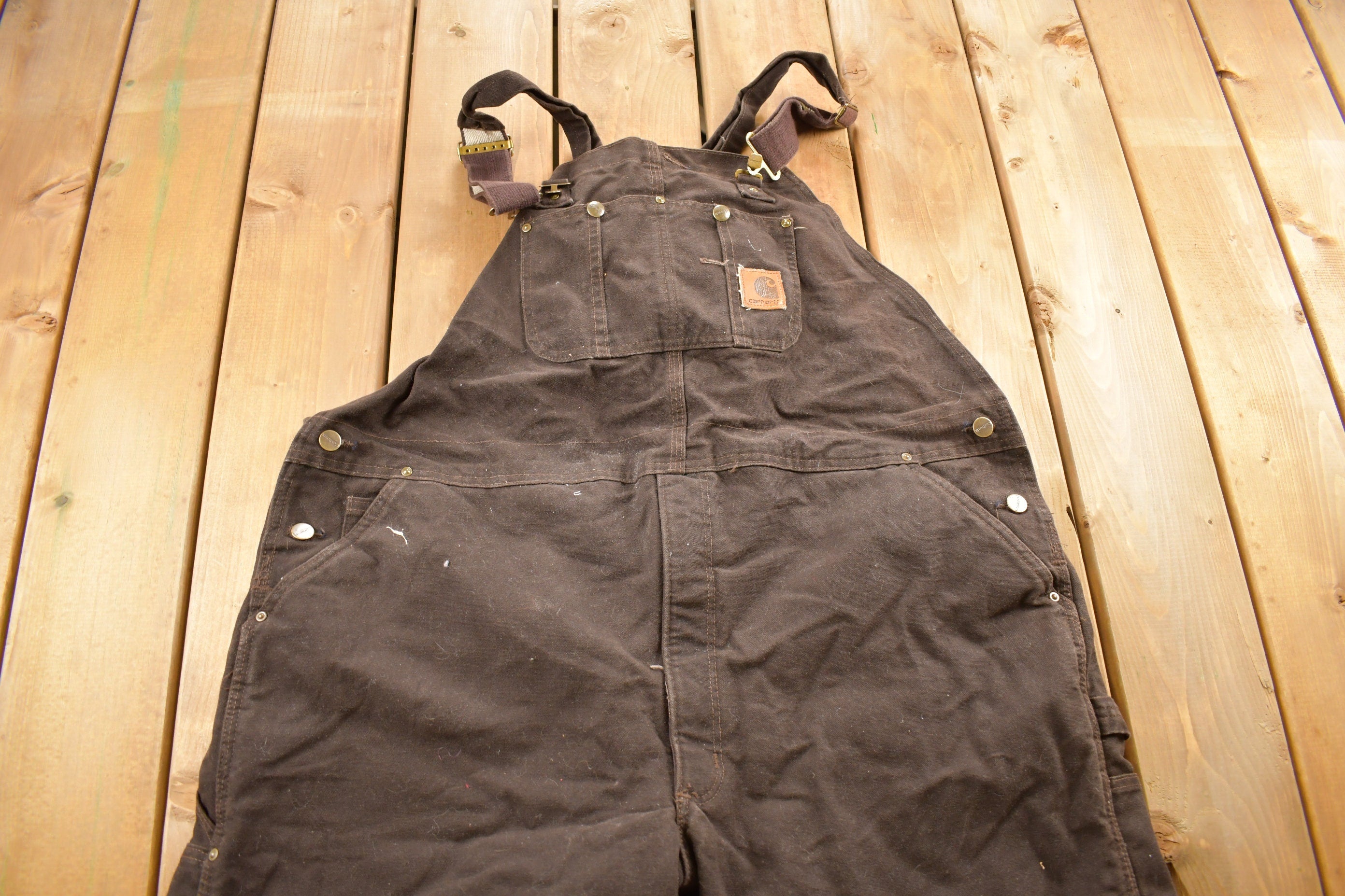Vintage 1990s Carhartt Brown Double Knee Canvas Quilted Overalls Size 44 x 26