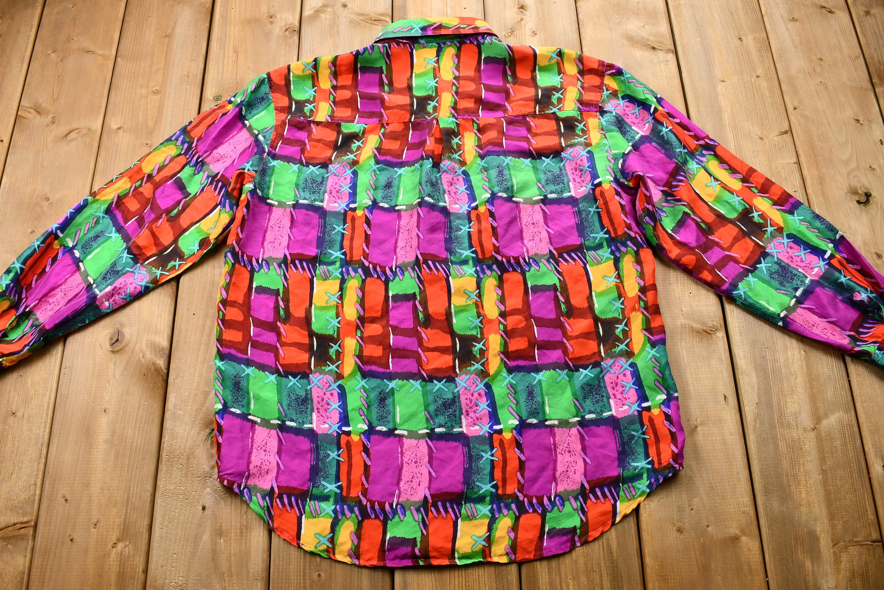 Vintage 1990s Geometric Rainbow 100% Silk Button-Up Blouse