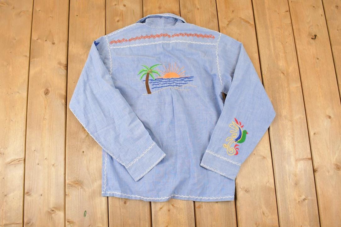 Vintage 1960s JC Penny Big Mac Loop Embroidered Western Denim Button Up Shirt Women's M