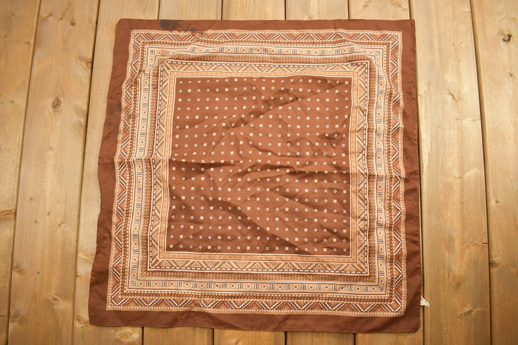 Vintage 1980s Brown Geometric Border Pattern Scarf