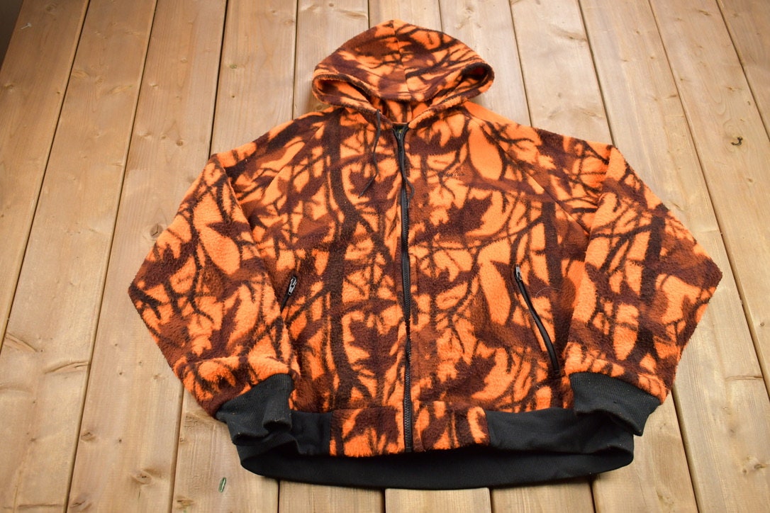 Vintage 1990s Cabela's Orange Camo Fleece Zip Up Hoodie