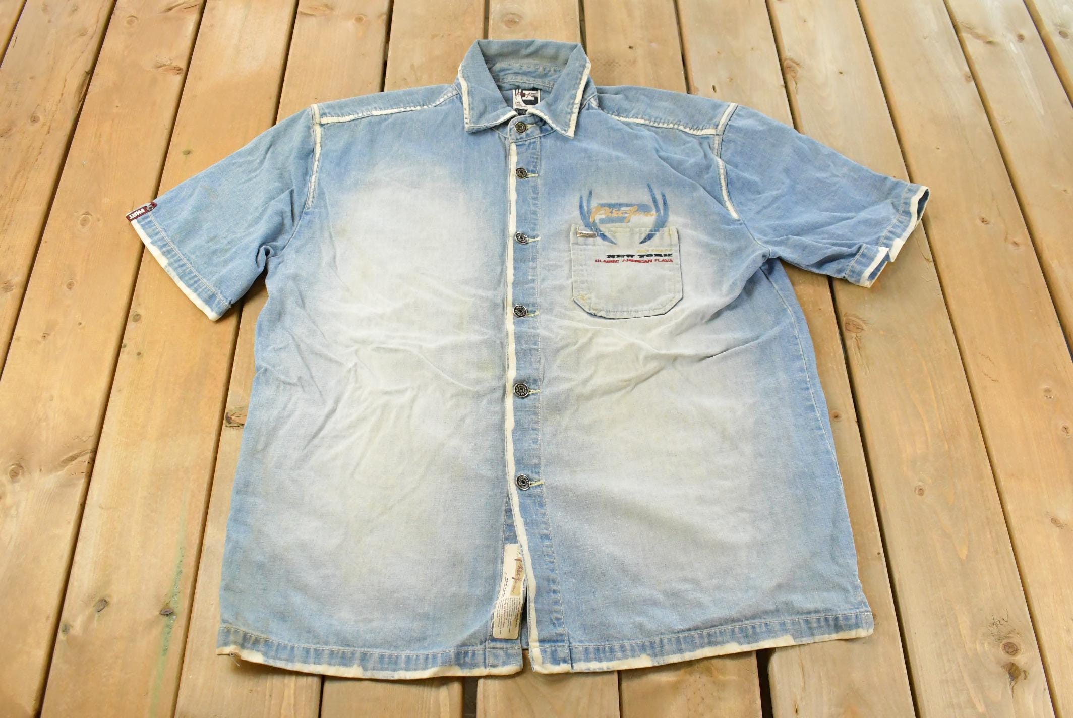 Vintage Y2K Phat Farm Denim Short Sleeve Button Up Shirt Men's XL / Vintage Hip Hop / Embroidered