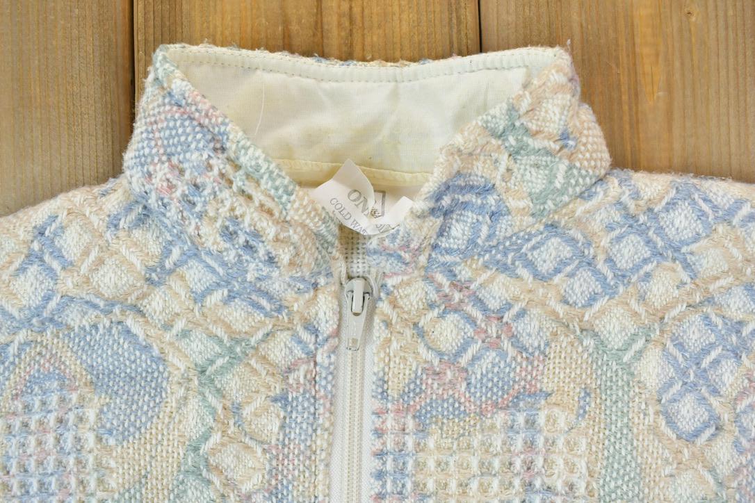 Vintage 1990s Maxon Tapestri Full Zip All Over Print Knit Heart Crewneck Sweatshirt