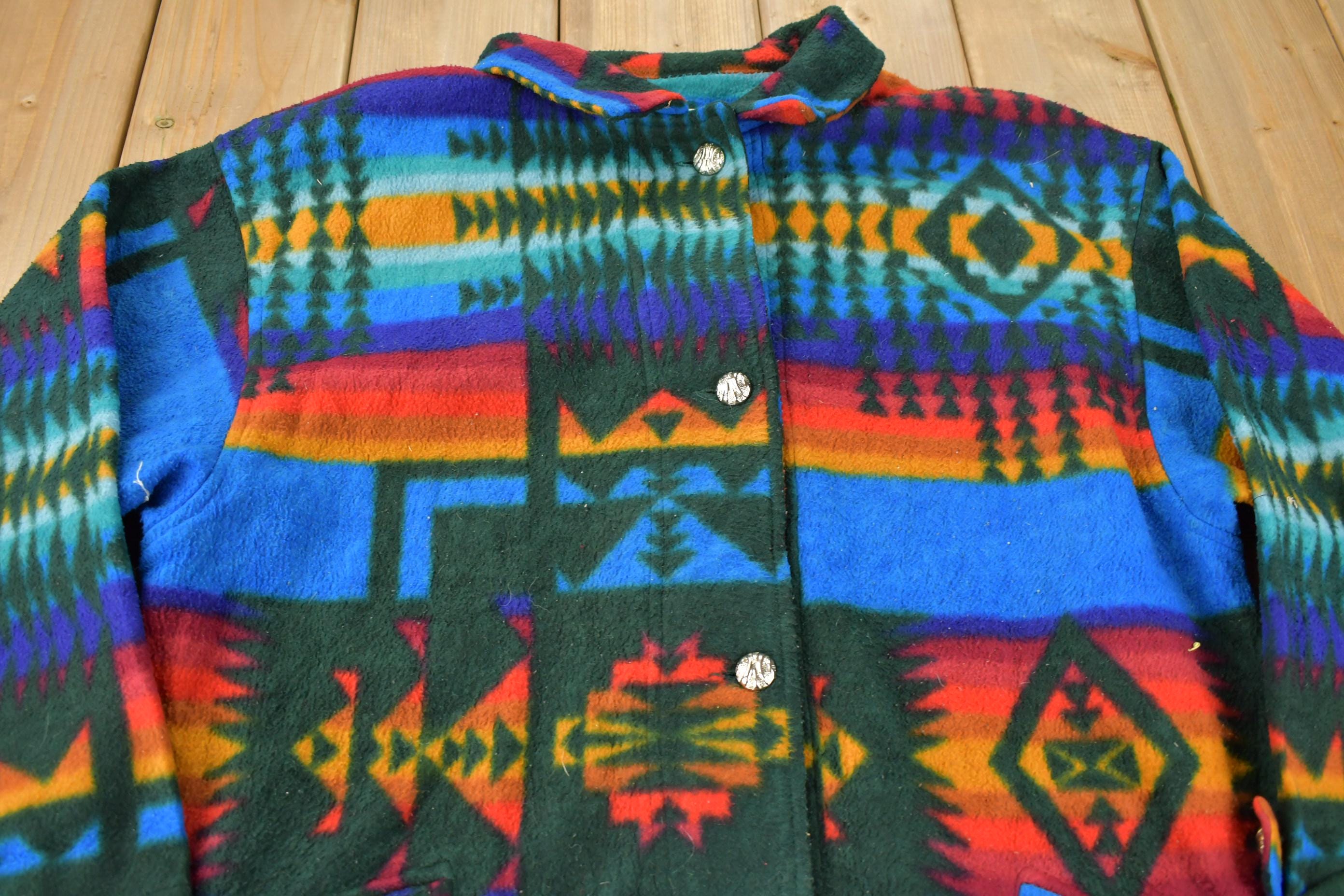 Vintage 1990s Aztec South Western Pattern Button Up Fleece Sweater OSFA