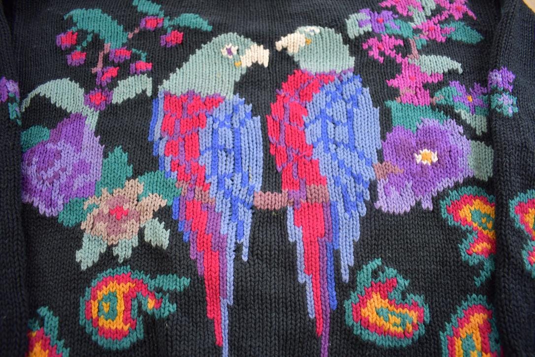 Vintage 1980s Embroidered Knit Parrot Nature Crewneck Sweatshirt Made In USA