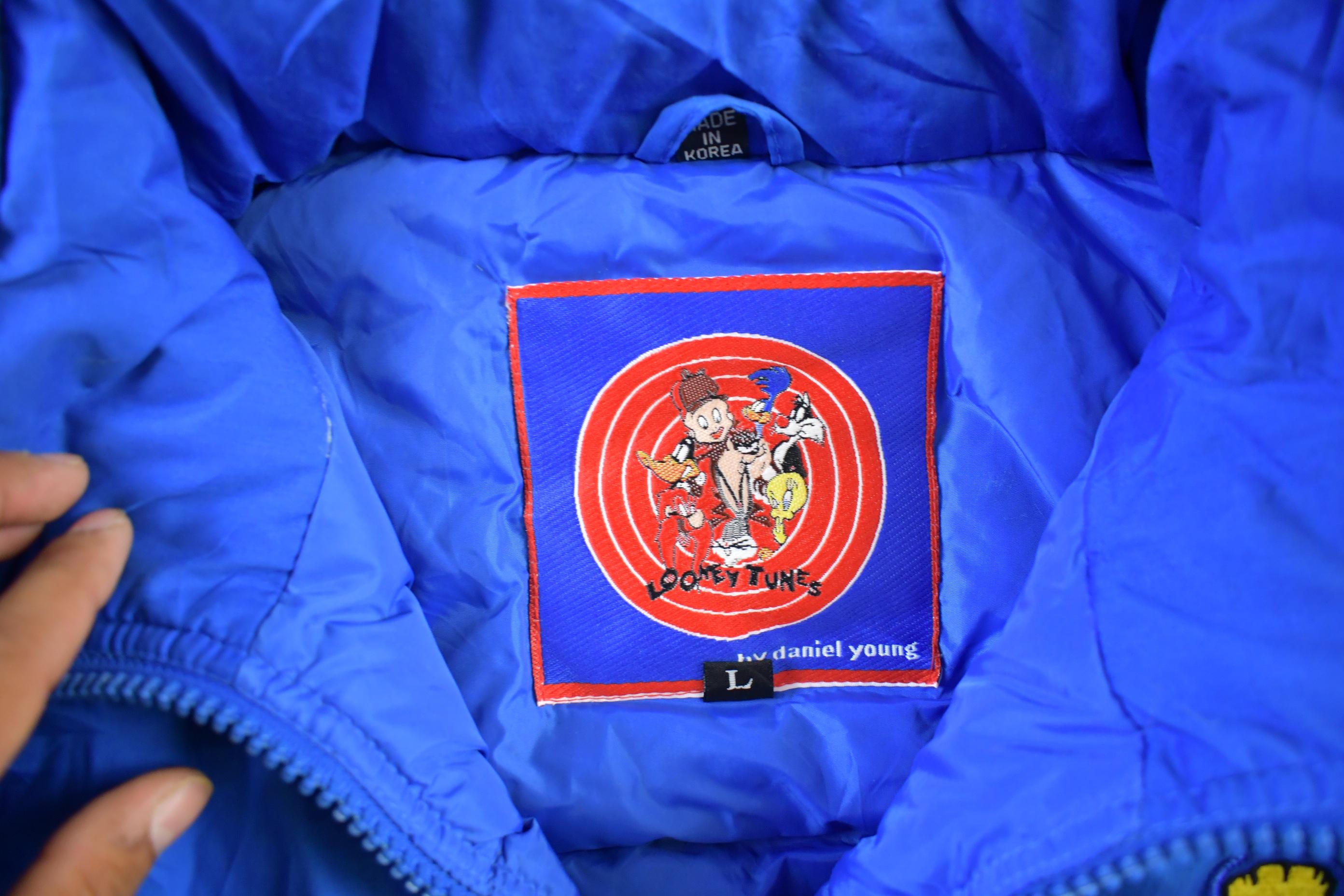 Vintage 1990s Looney Tunes Puffer Jacket Men's Large / Embroidered / Cartoon Print / Marvin the Martian / 90s TV Promo