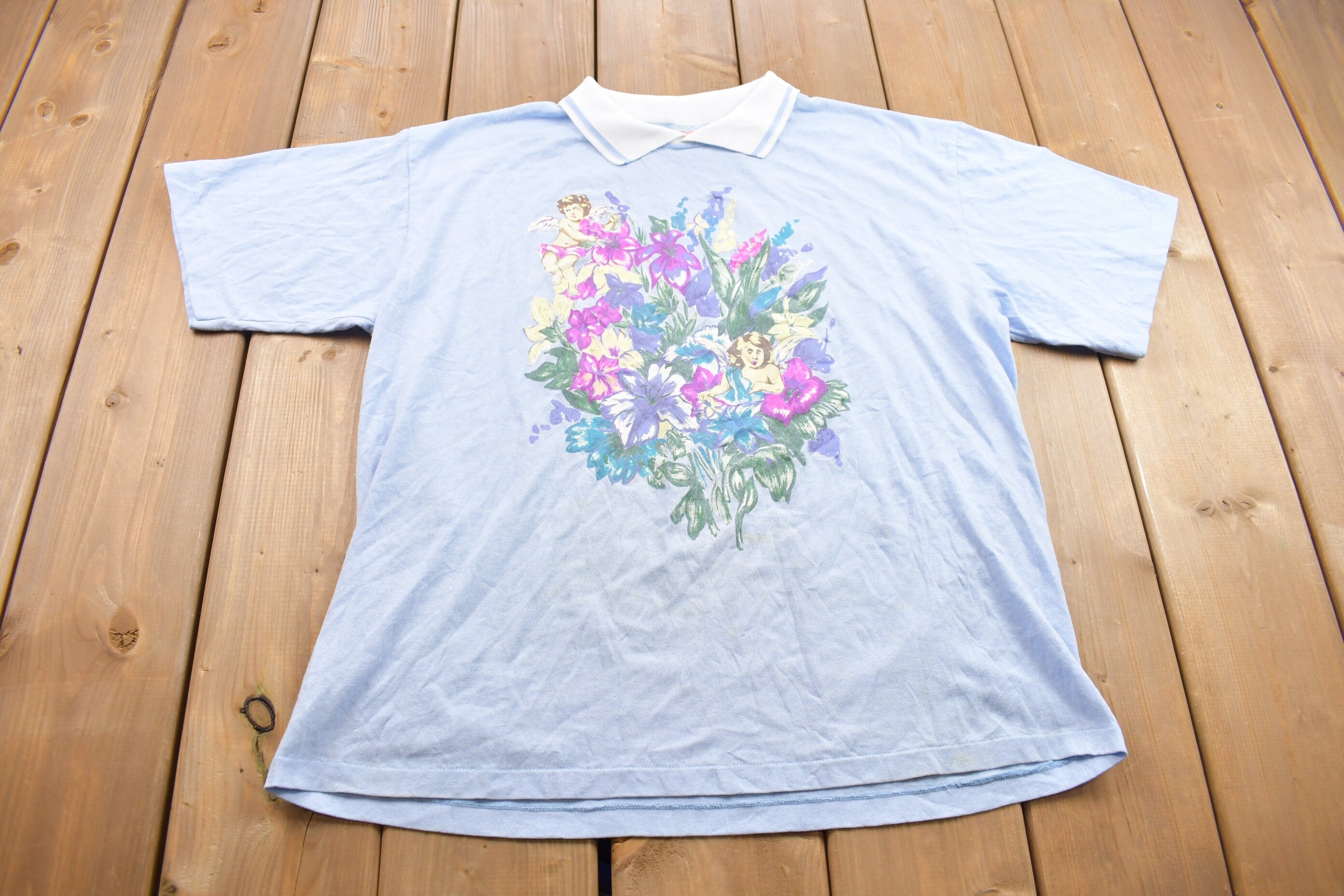 Vintage 1990s Angel Surrounded by Flowers Collared Graphic T Shirt