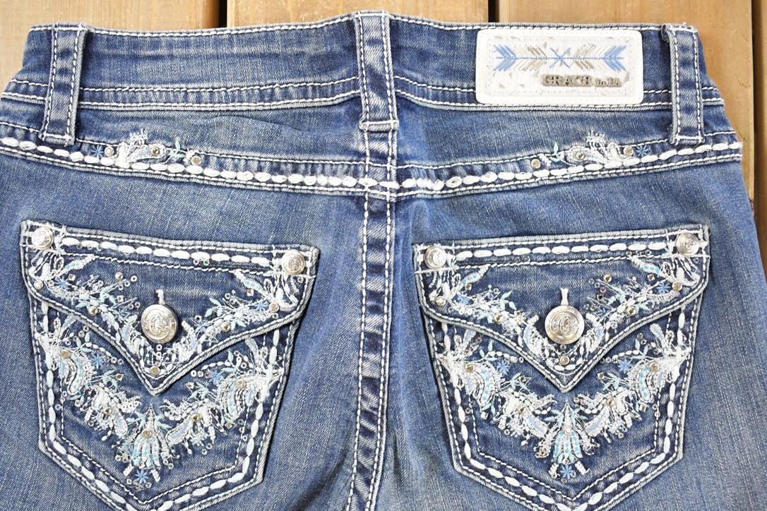 Vintage Deadstock Y2K Grace In LA Bedazzled Low Rise Jeans Women's Size 27 x 32