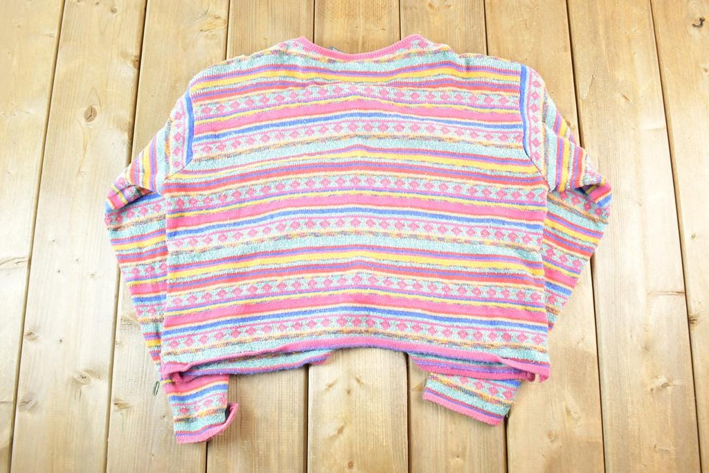 Vintage 1990s Liz Wear Mohair Knit Abstract Pattern Button Up Crewneck Sweater Womens M