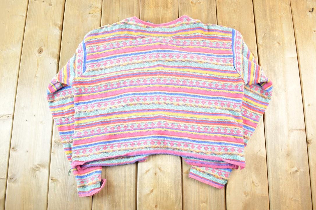 Vintage 1990s Liz Wear Mohair Knit Abstract Pattern Button Up Crewneck Sweater Womens M