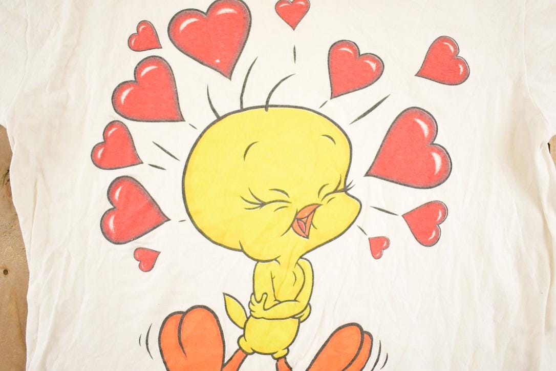 Vintage 1990s Looney Tunes Tweety Bird Hearts T Shirt Women's L / Vintage Warner Brothers Shirt / Warner Bros Cartoon Shirt