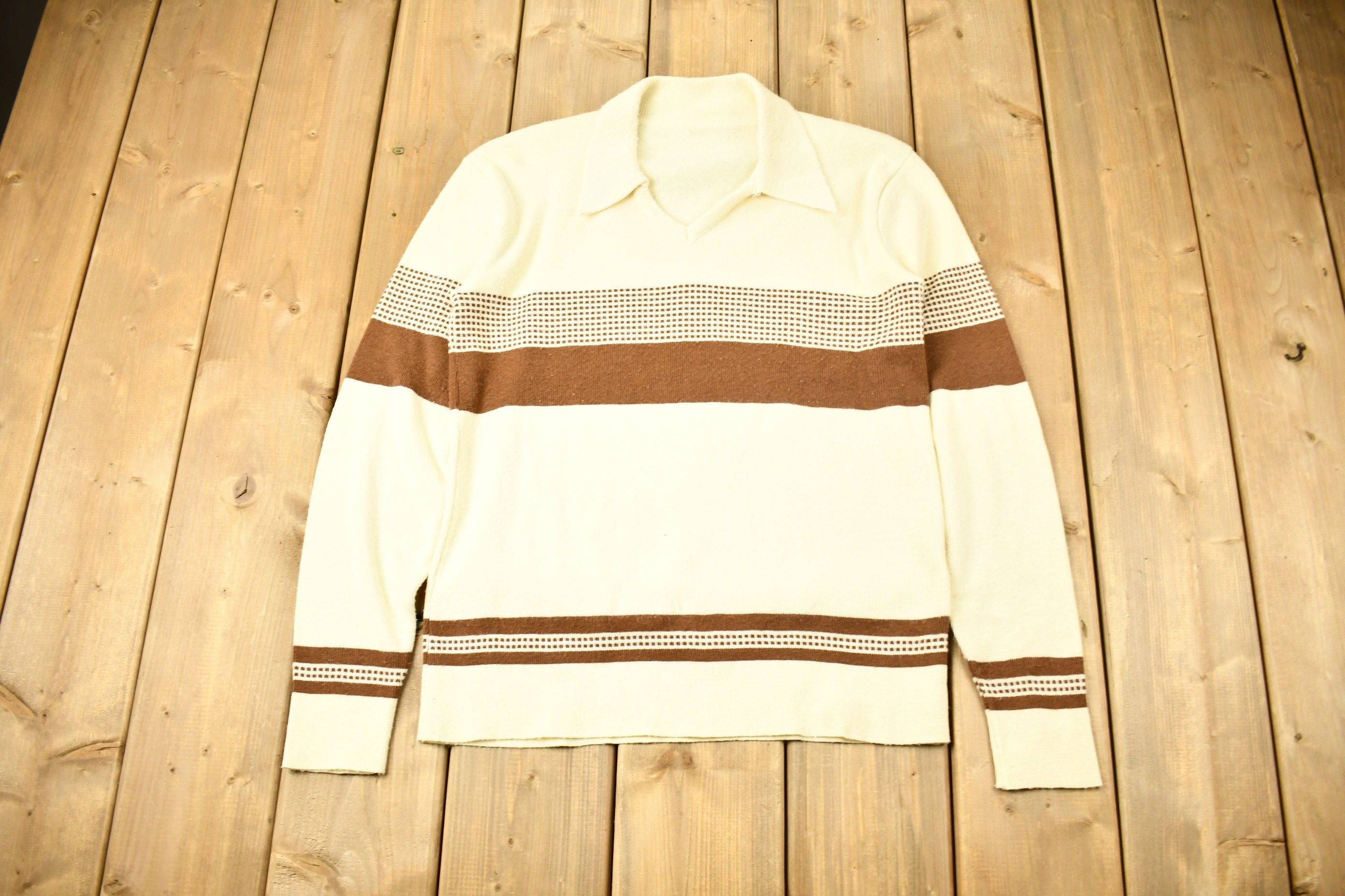 Vintage 1970s Knitted V-Neck Color Block Sweater