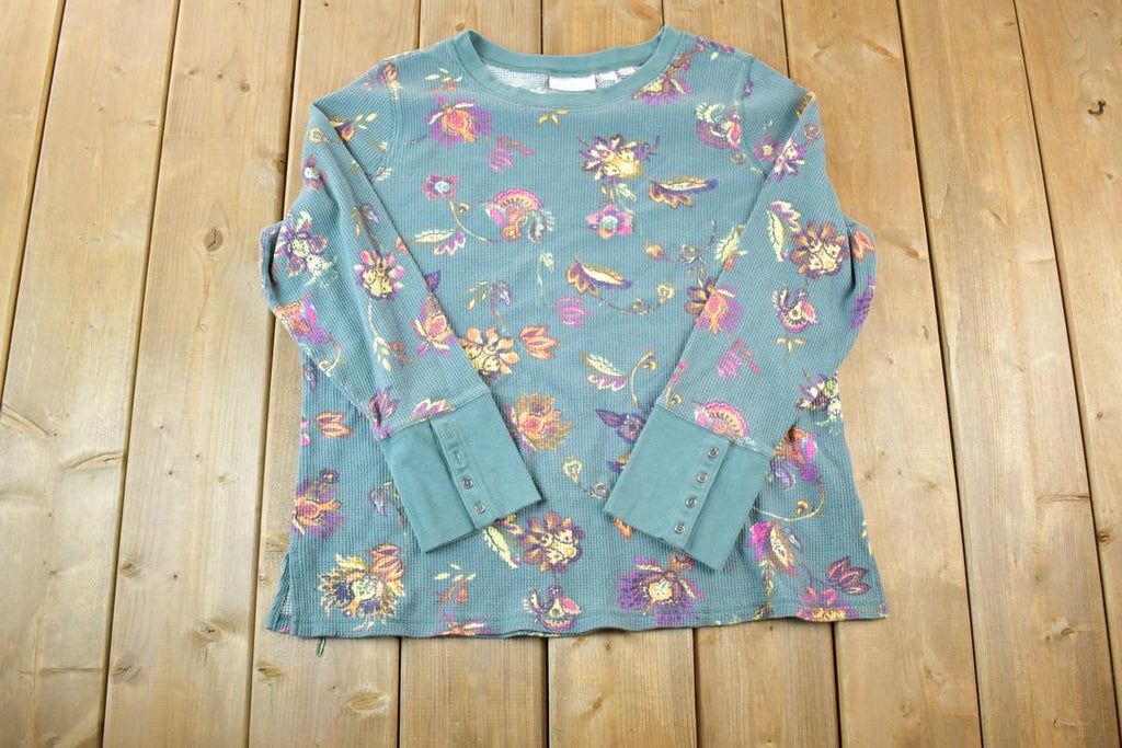 Vintage 1990s Thermal Knit Flower Pattern Crewneck Sweater  90s Crewneck  Preppy Knits