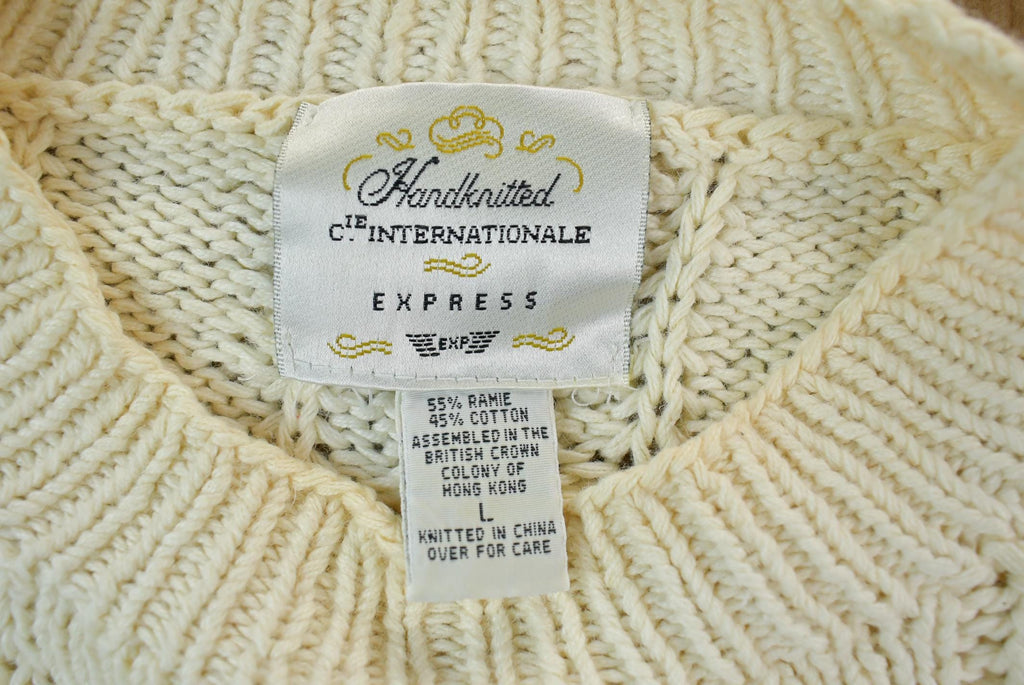 Vintage 1990s Hand Knitted Cie International Express Cable Knit Crewneck Sweater / 90s Crewneck / Made In Hong Kong / Preppy Hand Knit