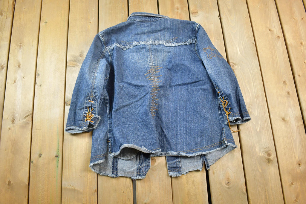 Vintage 1990s Ashley Stewart Leather Tie Sleeve Jean Jacket Made In USA