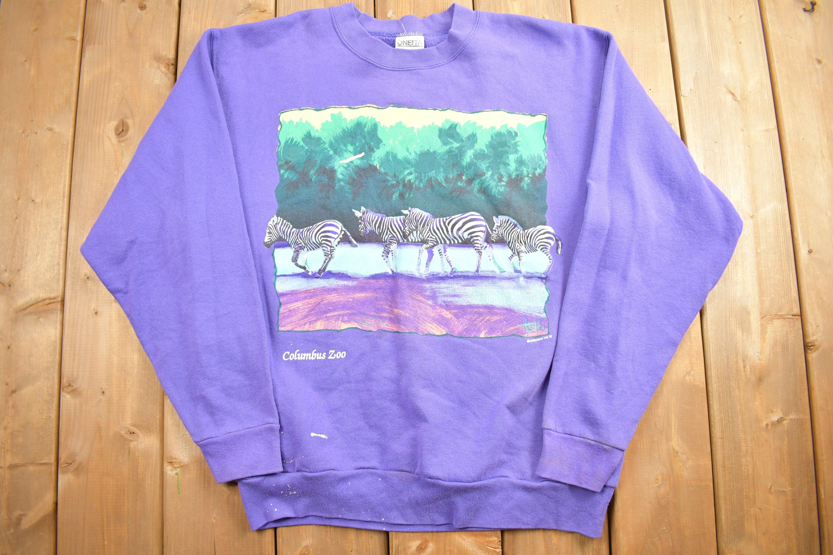 Vintage 1990s Oneita Columbus Zoo Zebra Crewneck Sweatshirt