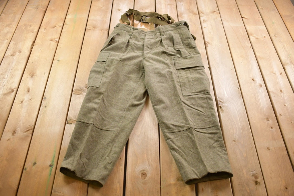 Vintage 1968 Army Wool Cargo Pants With Suspenders Size 35 x 26.5
