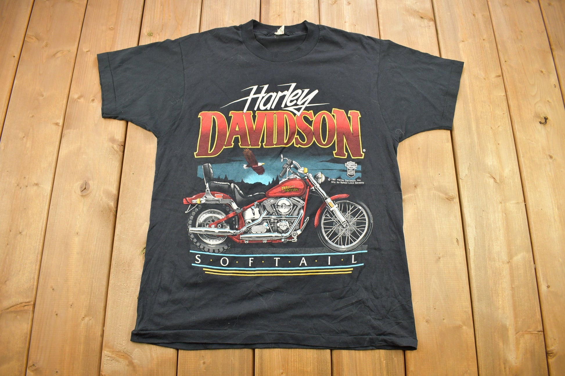 Vintage 1987 Harley Davidson Softail Graphic 3D Emblem T-Shirt / Single Stitch / Made In USA / Biker Tee / Trucker Tee