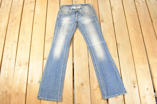 Vintage Deadstock Y2K Grace In LA Bedazzled Bootcut Low Rise Jeans Women's Size 26 x 31 / 2000's Embroidered Contrast Stitched Denim