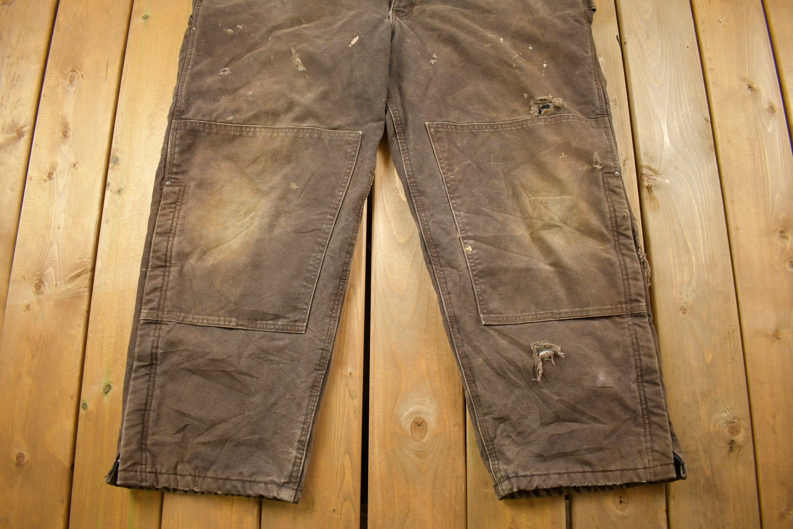 Vintage 1990s Carhartt Brown Double Knee Canvas Quilted Overalls Size 48 x 30