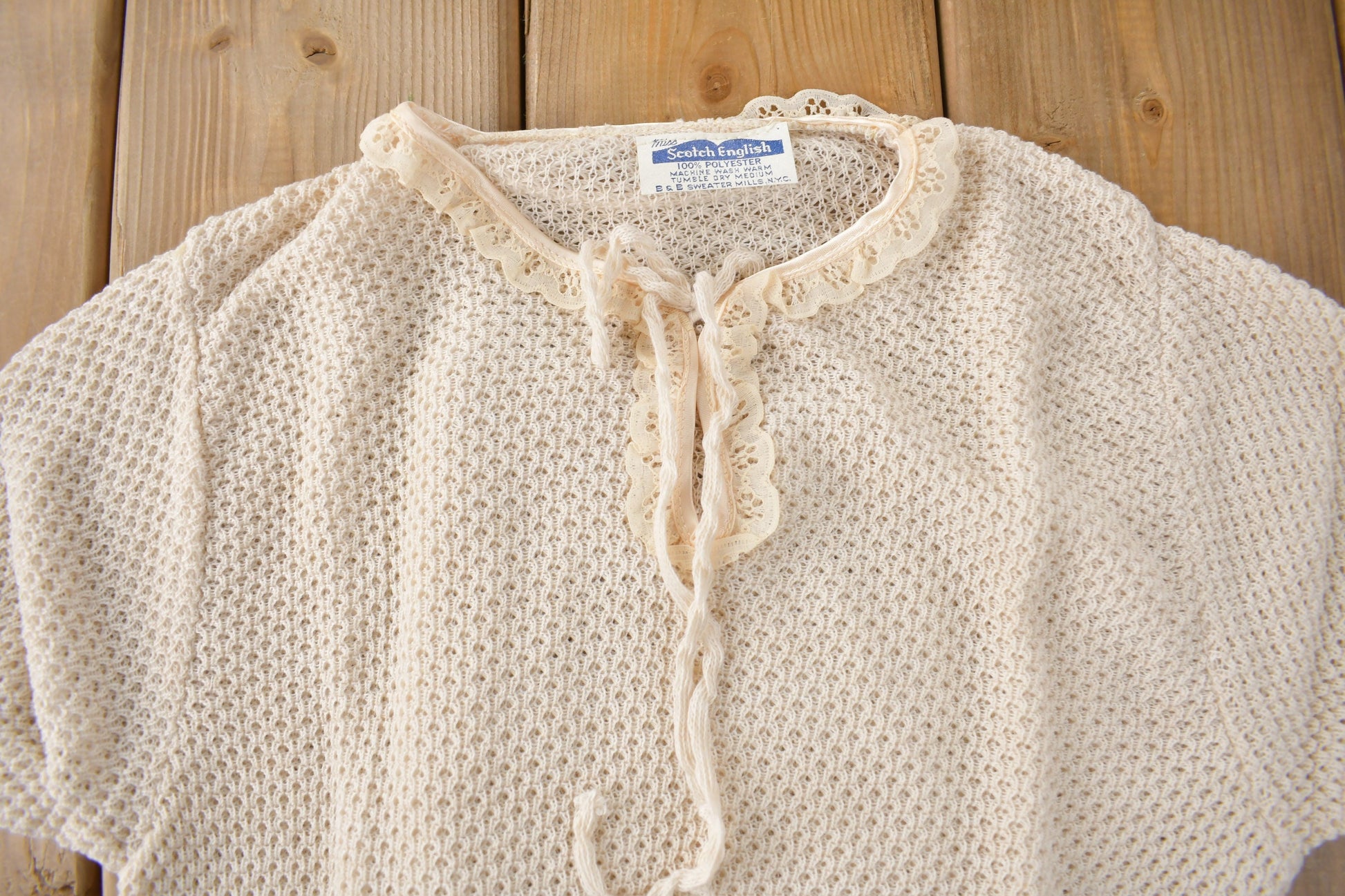 True Vintage 1960s Deadstock Miss Scotch English Short Sleeve Lace Knit Sweater