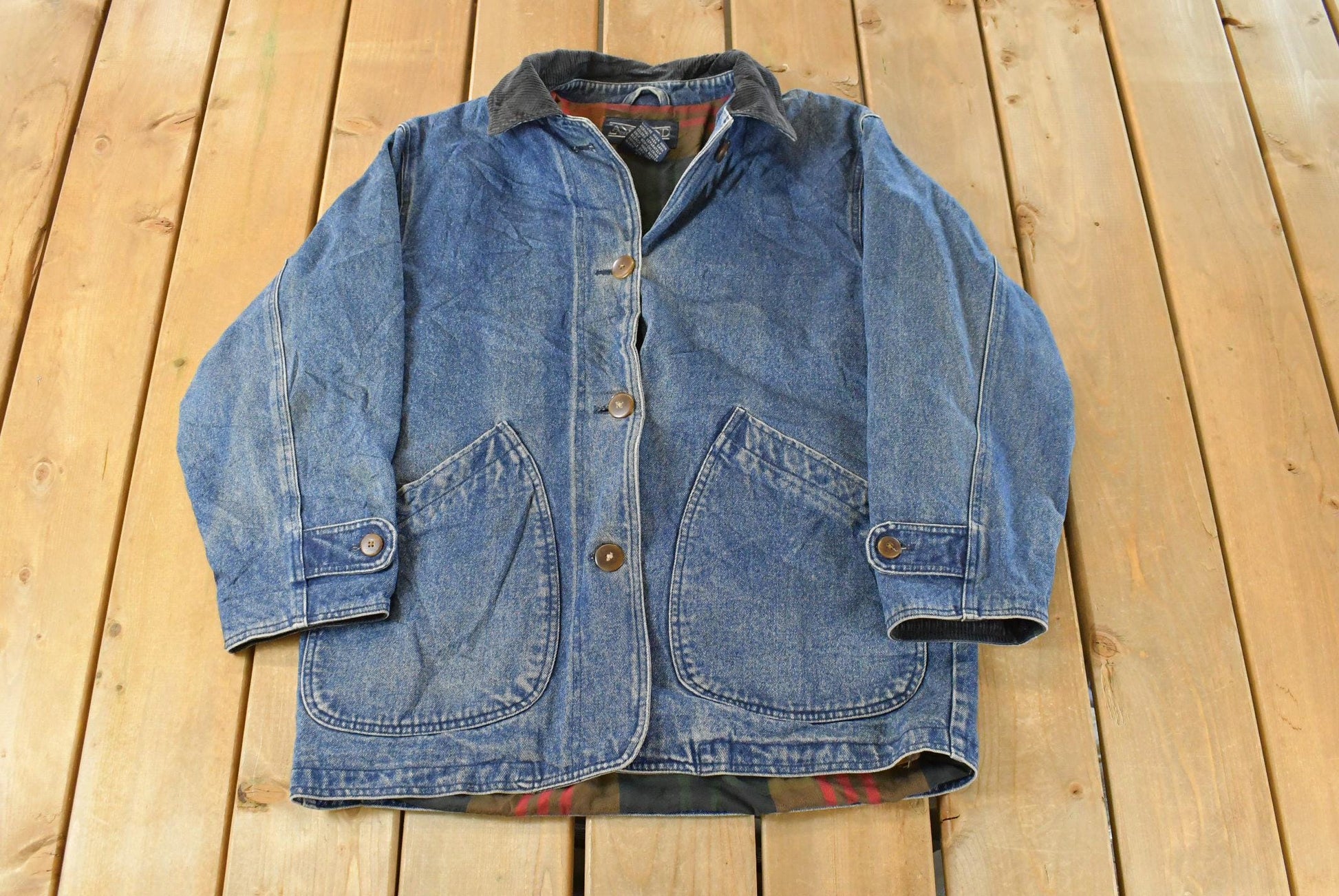 Vintage 1990s Lands End Plaid Lined Denim Chore Barn Coat Women's Medium