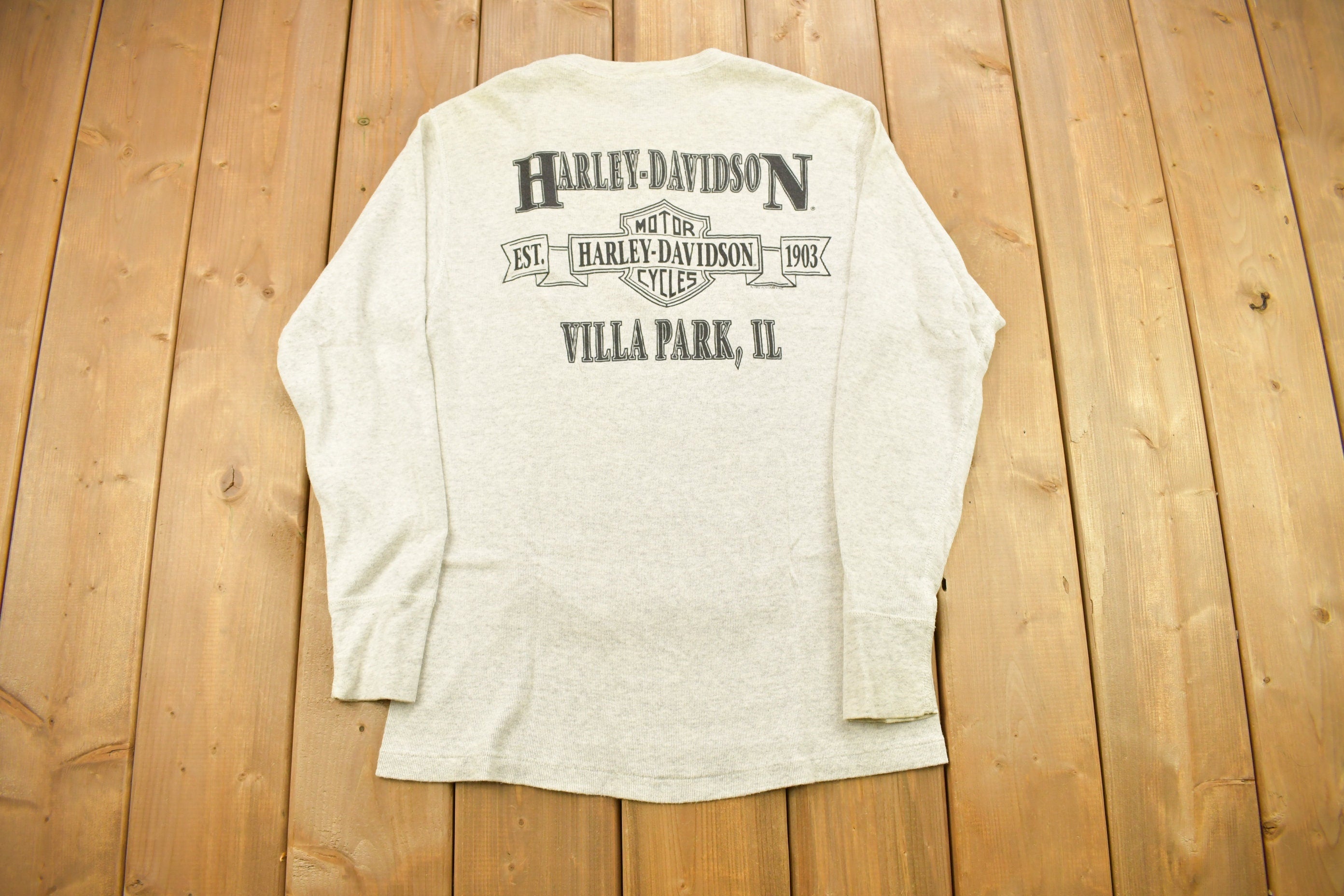 Vintage 1993 Harley Davidson Villa Park Illinois Long Sleeve Henley Button T-Shirt