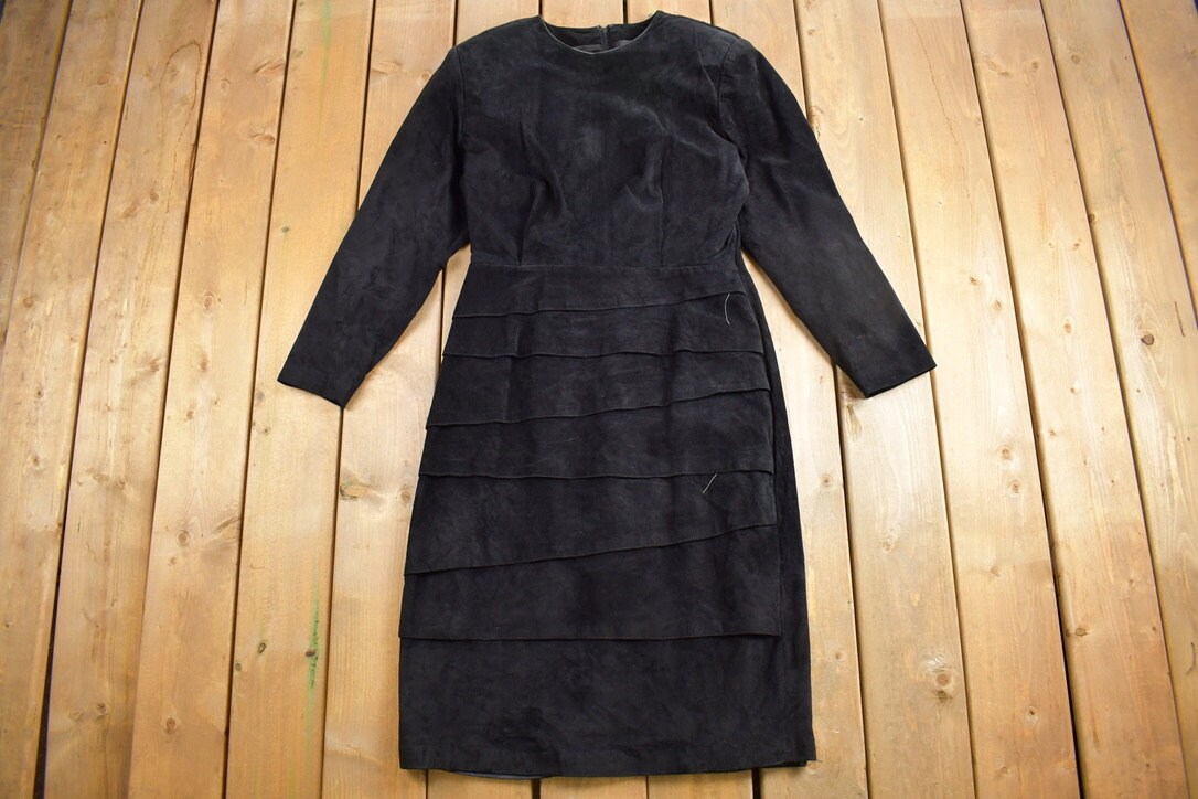 Vintage 1980s Black Suede Long Sleeve Dress / Layered Dress / 80s Dress / Suede Dress / Retro Womenswear / Carolyne Barlon / Cute Dress