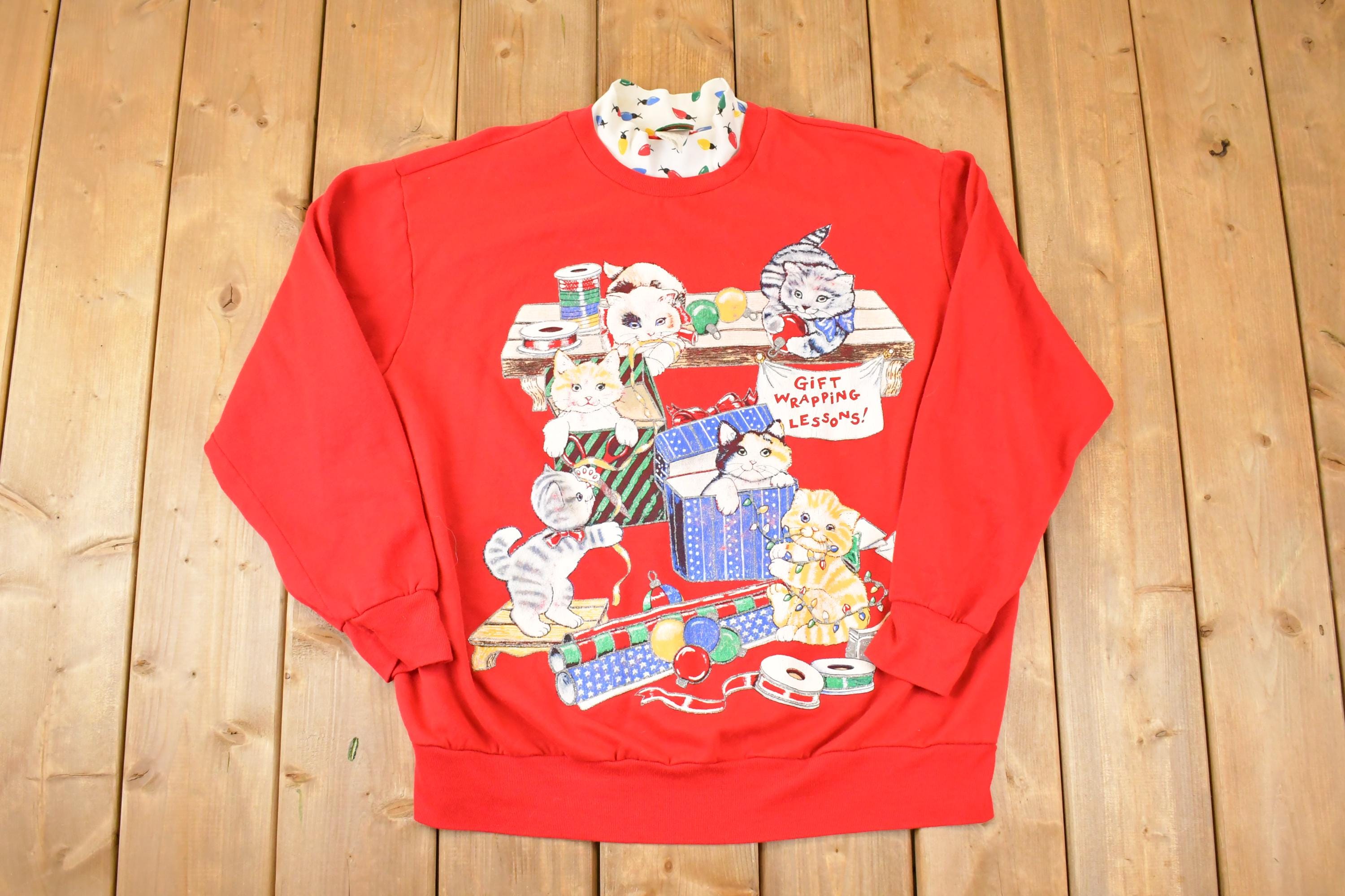 Vintage 1990s Nutcracker Plus Size Cute Christmas Kitty Double Collar Graphic Print Crewneck Sweatshirt Womens XL