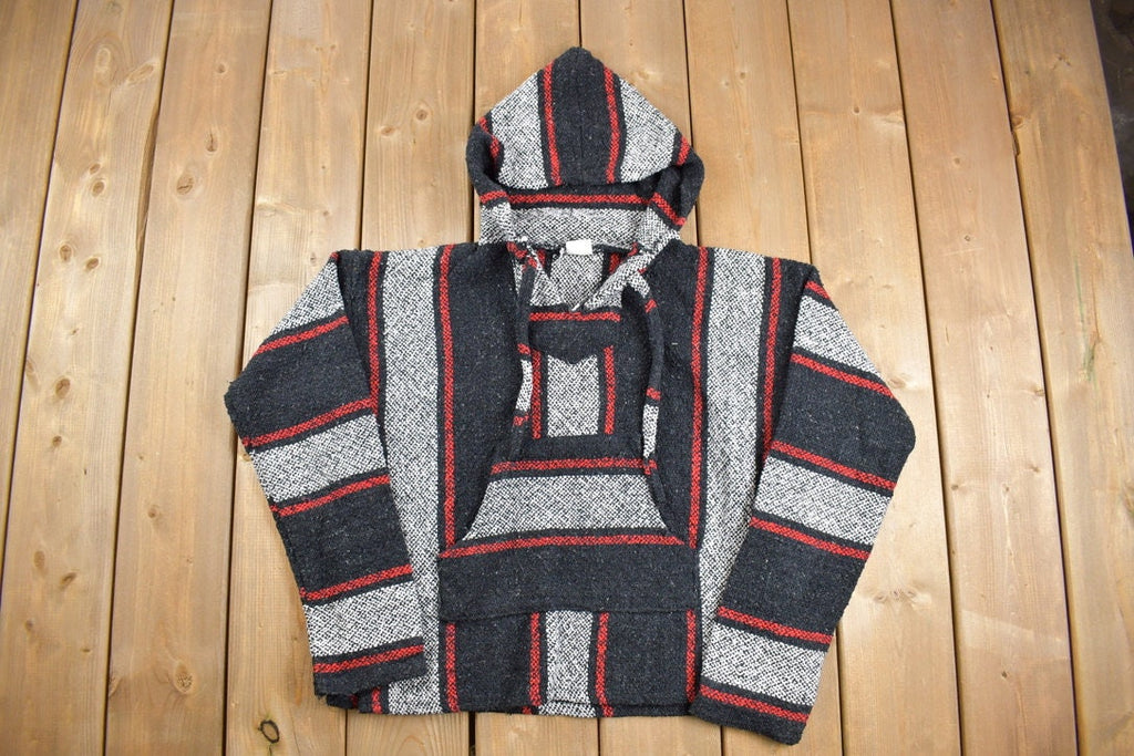 Vintage 1990s Hooded Pullover Striped Knit Poncho Blanket Hoodie