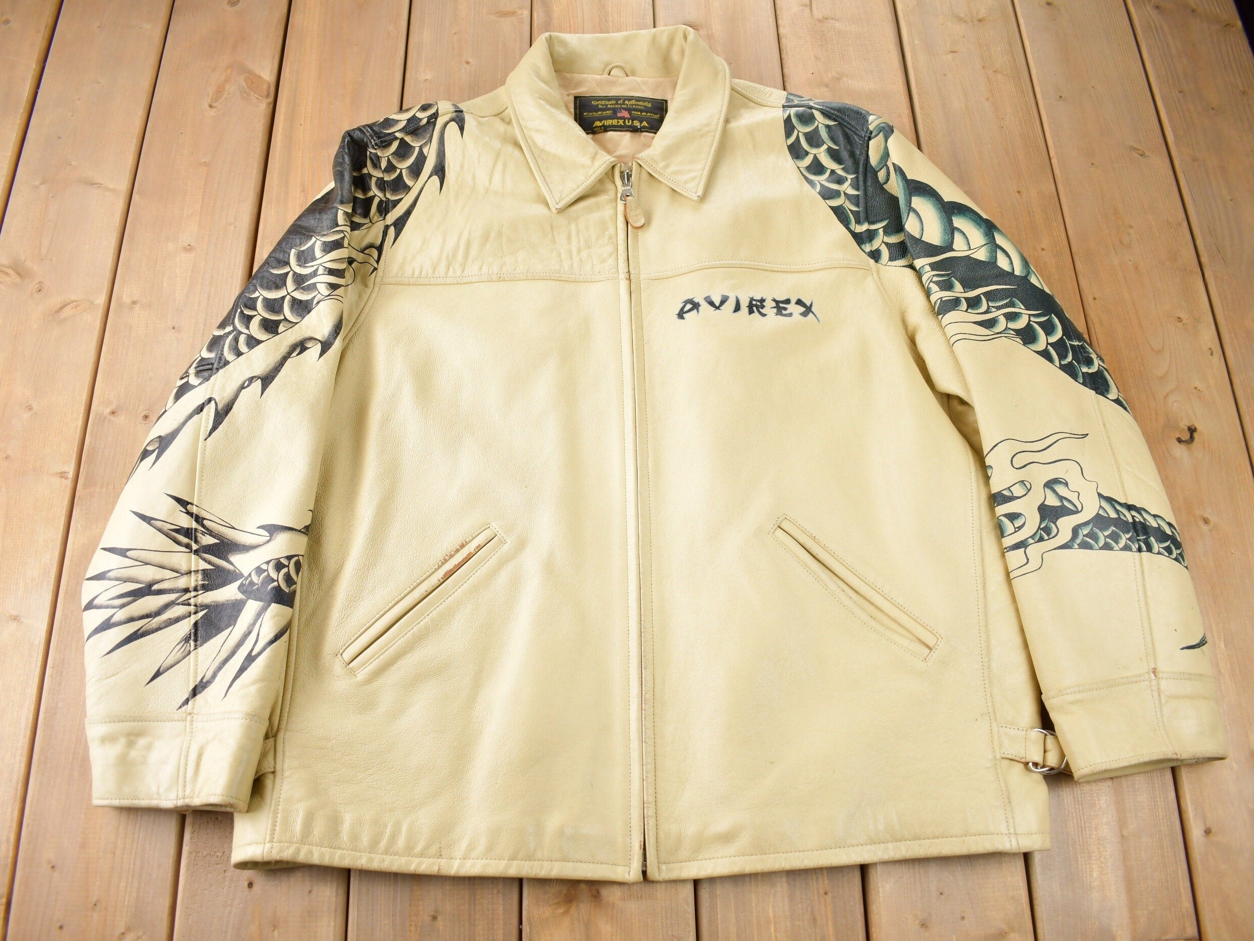 Vintage 1990s Avirex USA Japanese Dragons Graphic Leather Jacket Size 3XL